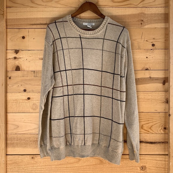 Geoffrey Beene Men's XL Pullover Sweater Beige Plaid Grandpacore Neutral Crew - Picture 1 of 5